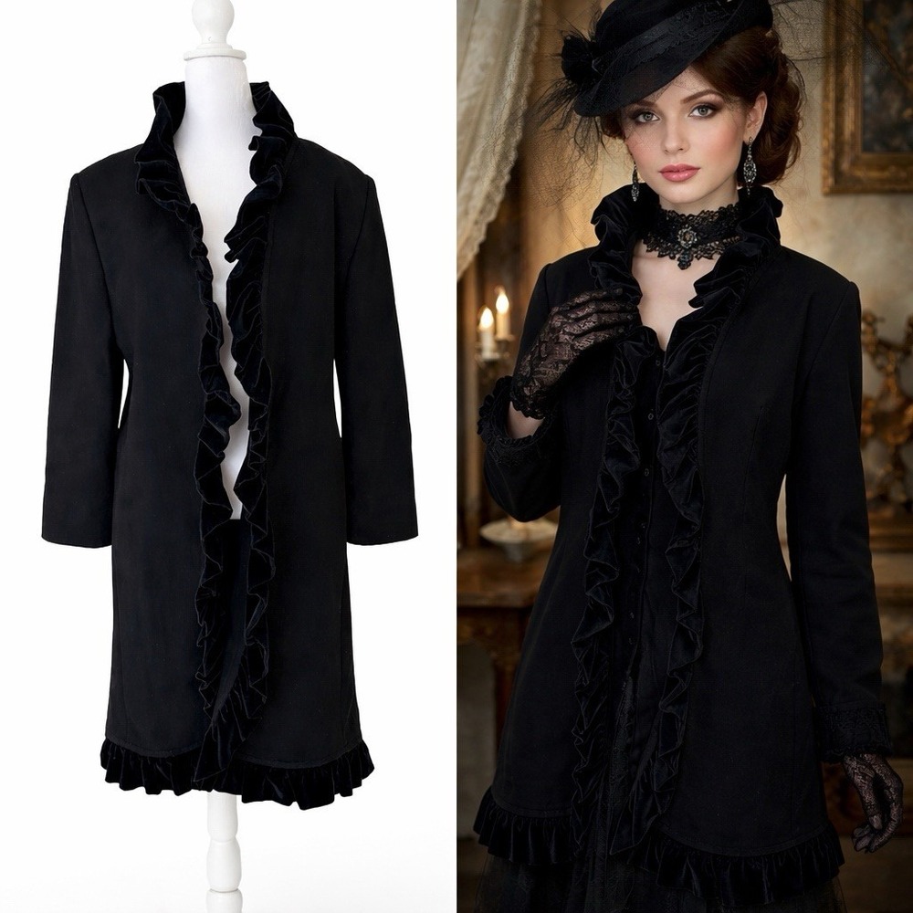 Vintage 80s Loring Black Wool Victorian Gothic Ruffle Coat Made USA Vamp Goth L